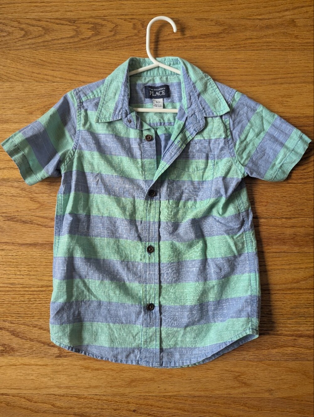 The Children's Place Blue and Green Striped Short-Sleeve Button-Up Shirt, 5T
